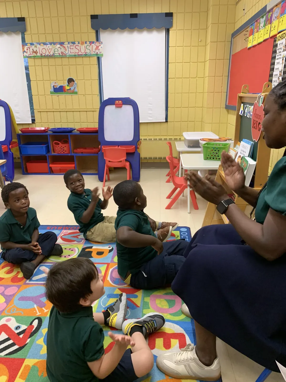 Small group activity around a classroom table
